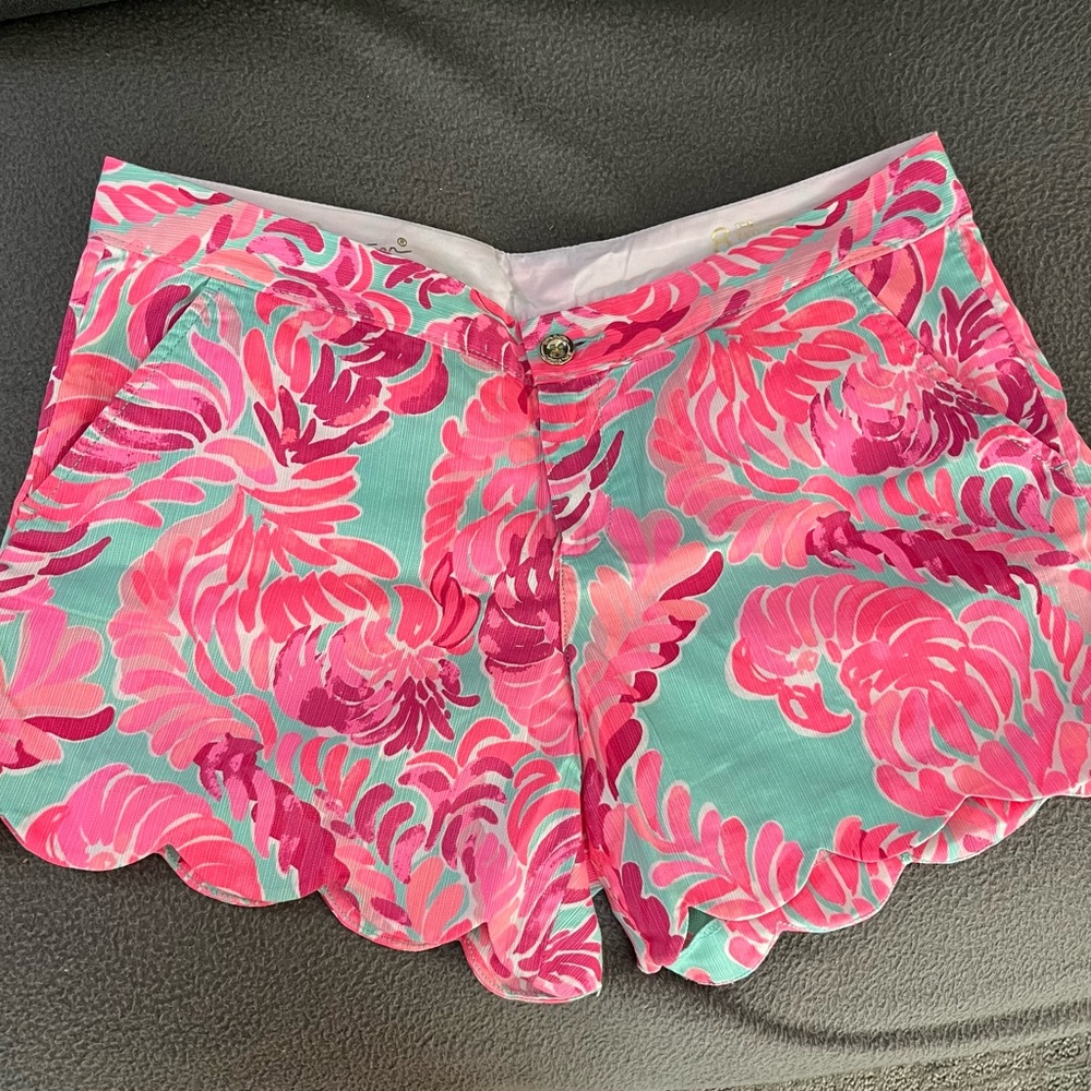 Lilly Pulitzer Pink & Aqua Scallop Hem Printed Cotton Shorts